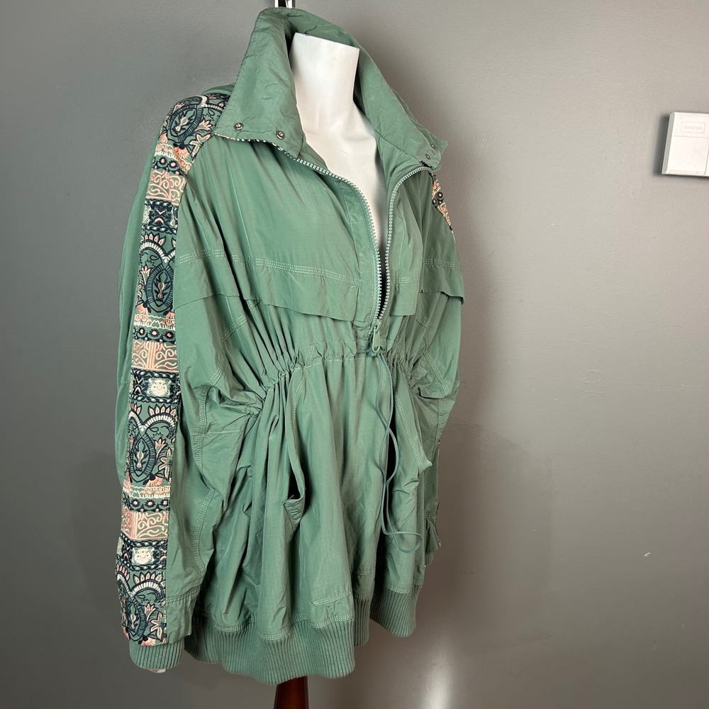 Free People She Fly Anorak Jacket Medium Green Embroidered Oversized Utility